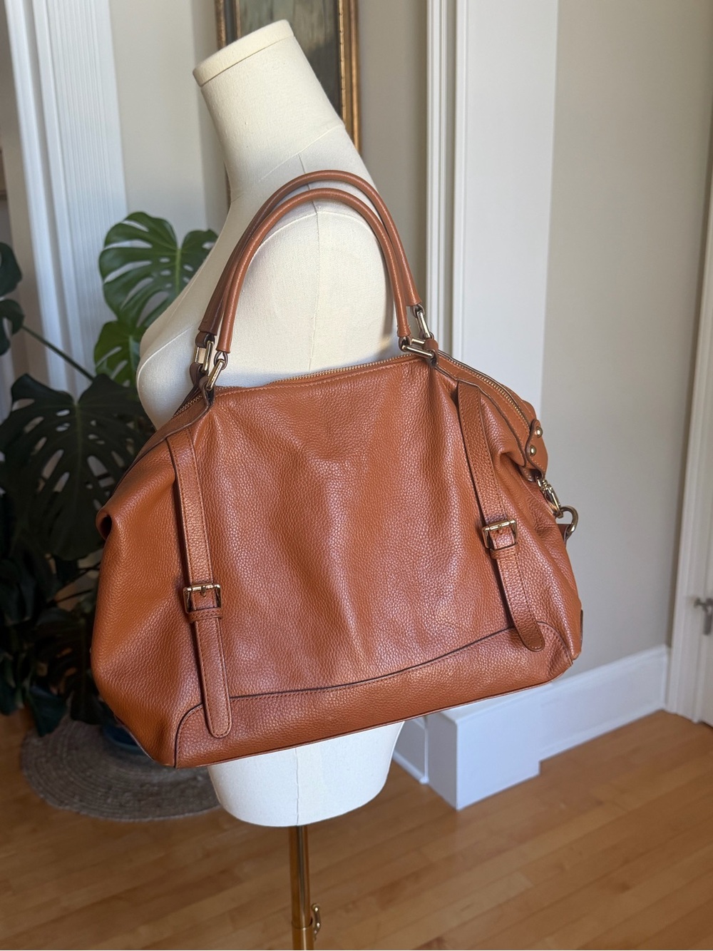 Ora Delphine Cognac Brown Pebbled Leather Satchel Bag